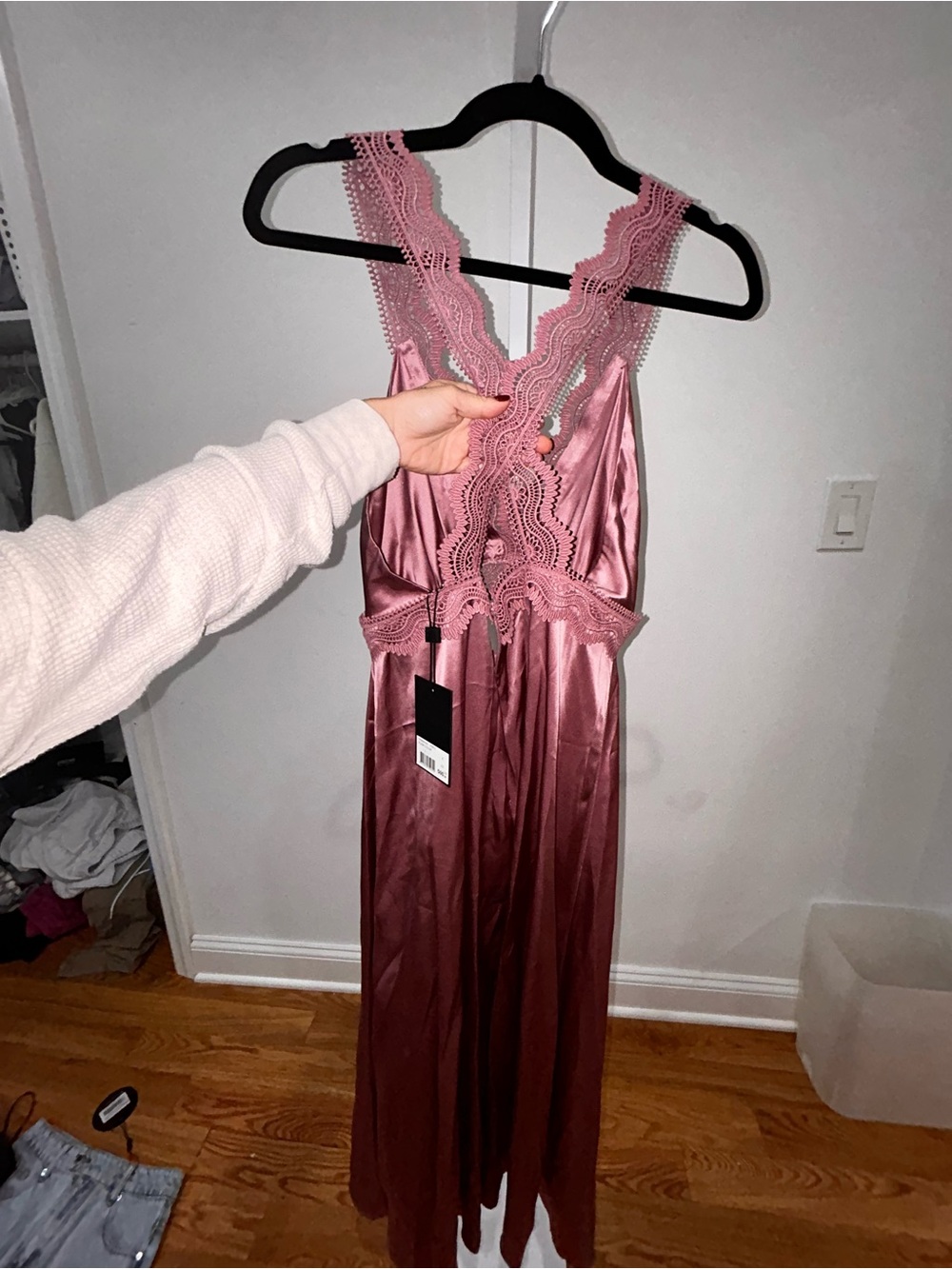 The Kooples Mauve Satin dress with Lace Trim and middle cut out